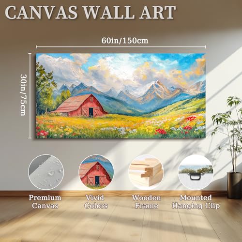 crmotu Rustic Barn Large Wall Art, Mountain Meadow Wildflowers Art Prints, Country Landscape Canvas Paintings, Cottagecore Warmth Oil Paintings Wall Decor Living Room Bedroom Farmhouse 30x60 Inch