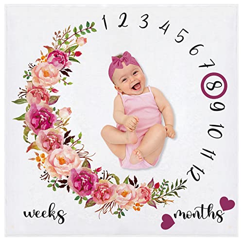 Image of Yokakio Baby Monthly Milestone Blanket Girl, 47" X 47" Milestone Blanket for Baby Girls, Track Growth and Age, Newborn Shower Gifts, Includes Circle Frame & Pink Bow Headband