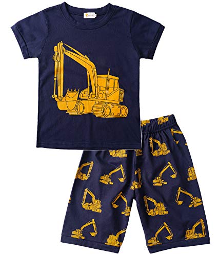 Tarkis Jungen Baumwolle Schlafanzug Kurzarm- Pyjama, 08 Dunkelblau (Bagger), Gr.-98 (Herstellergröße: 100)