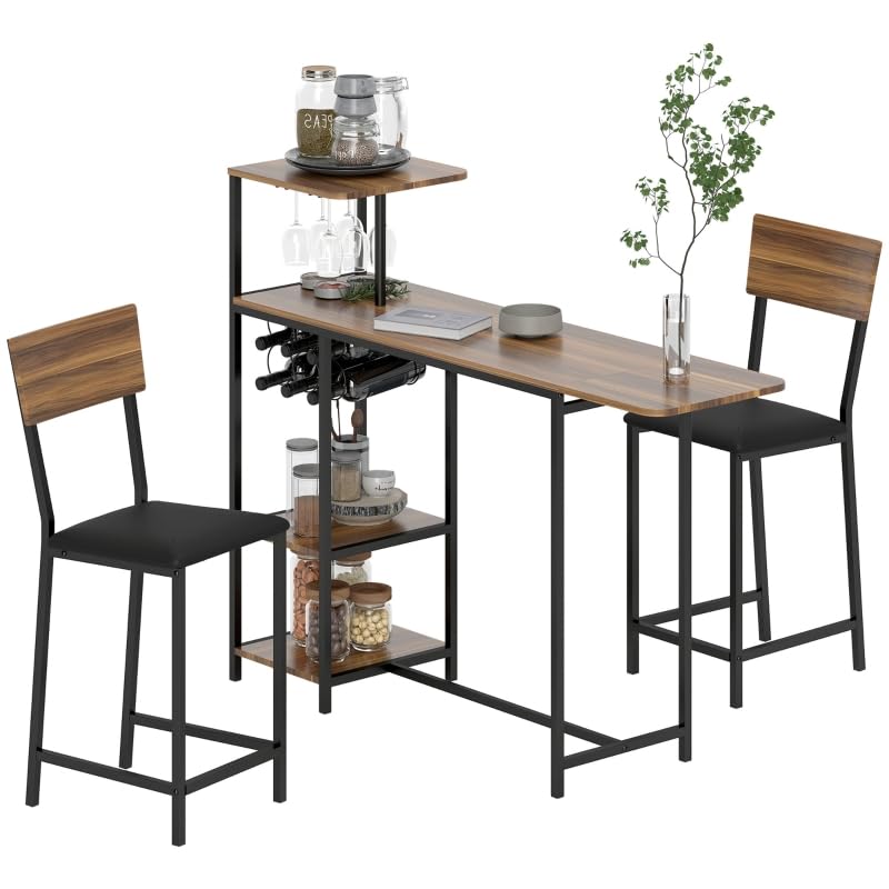 Juego de mesa de bar con taburete, 3 piezas, juego de mesa de bar con mesa de cocina, soporte para copas de vino, estante para 2 sillas de bar, marco de acero, moderno, para comedor, cocina