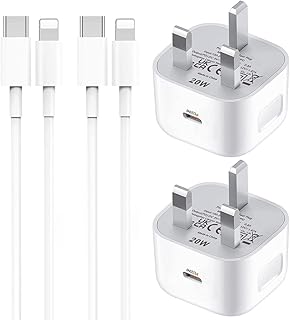 2 Pack USB C Plug for iPhone Charger, Type C Fast Charger Plug and Cable for iPhone Fast Charger Lead and Plug Fast Charge for Apple iPhone 14/14 Pro/13/13 Pro Max/12/12 Pro/11, USBC Plug UK and Wire