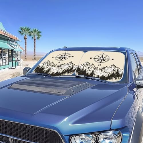 Image of Mountain Compasses 2 Piece Foldable Car Windshield Sun Shade Front Windshield Shade for Sun Auto Interior Protector Auto Sun Heat and UV Rays Blocker for SUV Truck Van Sedans
