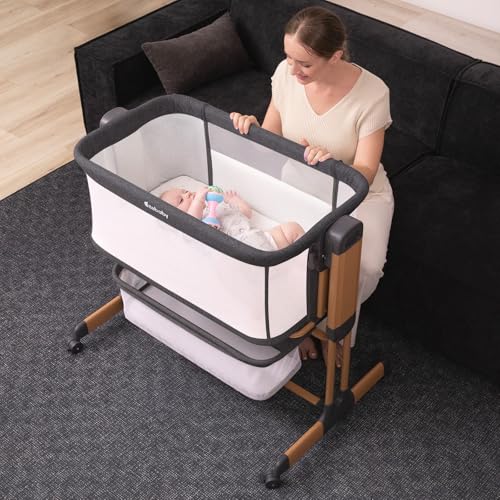 Image of Ezebaby 3-in-1 Baby Bassinet, Rocking Baby Bassinets Bedside Sleeper, Adjustable Portable Crib for Newborn Infant with Wheels Storage Basket and Mesh Sides