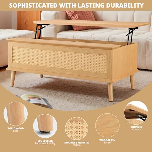 Image of Ink+Ivy Solid Wood Lift Top Coffee Table with Storage Compartments and Large Shelves, Handwoven Rattan Accent Sides, Oak Wood Grain Coffee Tables for Home Living Room Natural