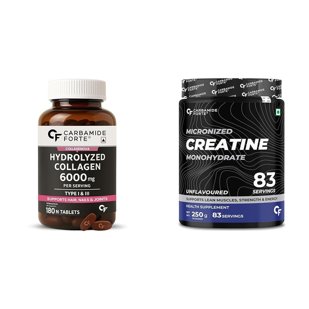 Carbamide Forte Hydrolyzed Collagen Tablets With Type 1 & 3 Collagen & Creatine Mono Hydrate Powder For Lean Muscle Volumization | 180 Tablets + 83 Serving Unflavoured Powder-image-2