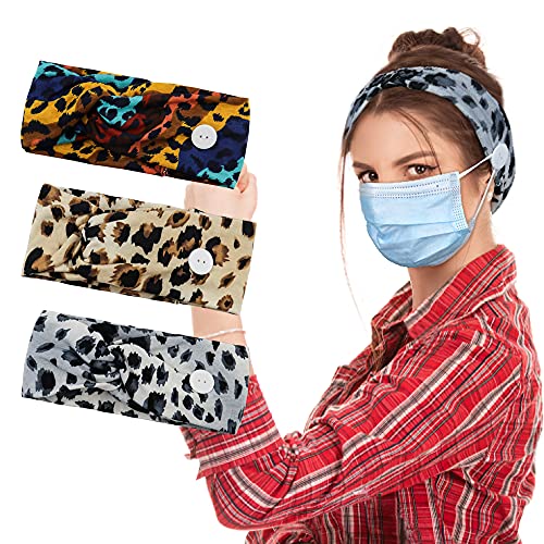 NODG 3 Pieces Knot Headband with Button Leopard Print Headbadns with Button Criss Cross Head Band with Button Twist Turban Head Wraps Workout Sport Yoga Indoor Outdoor Use Hair Band
