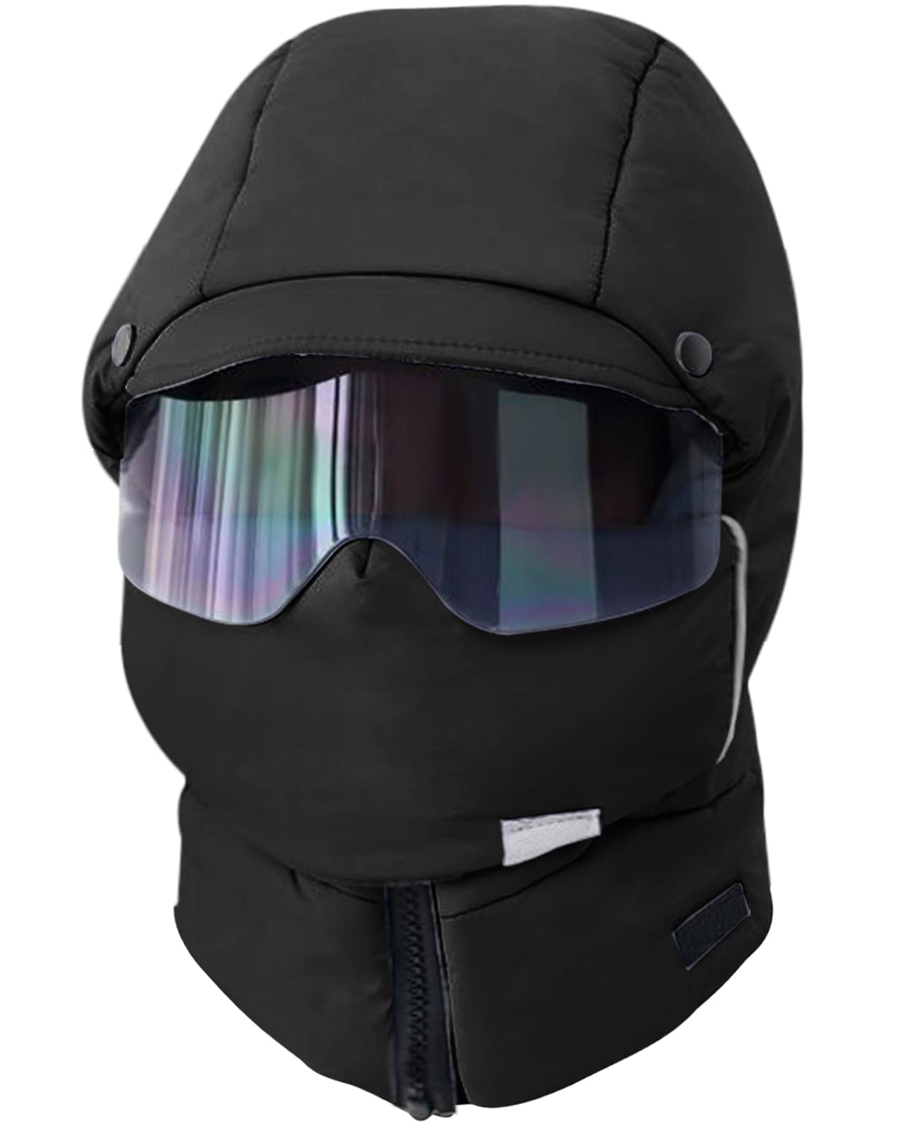 GREUS4 in 1 Winter Down Bomber Hat Women Men Brim Warm Russian Ushanka Eskimo Trapper Hat with Hood Earflap Goggles Windproof Mask