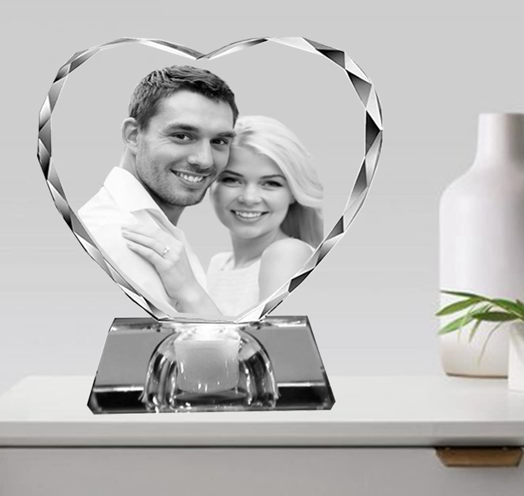 Photo en cristal 2D/3D personnalisée en verre - Souvenir en forme de cœur gravé avec votre propre image (anniversaire, mariage, fête des mères, fête des pères, Saint-Valentin, Noël)
