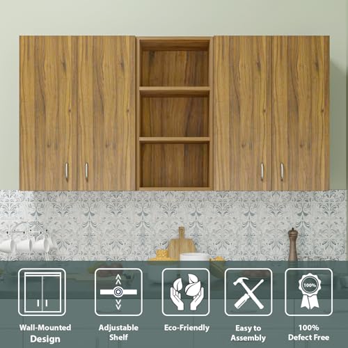 Image of VIKI Furniture |Pivot Modular Kitchen Wall Cabinet - 4 Door Cabinet with Open Shelf | Space Saving Rack for Spices | DIY Home Storage Cupboard (Brussel Walnut - 30D x 200W x 80H cm) | 1 Year Warranty