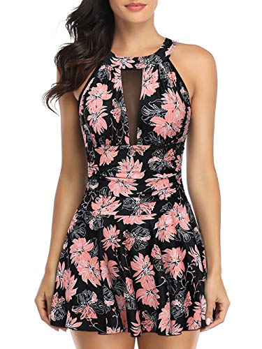 FLYILY Badekleid für Damen, Einteiler, hohe Taille, Badeanzug, Bauchkontrolle, mit Shorts, Retro-Strandmode, Neckholder, blume, 52