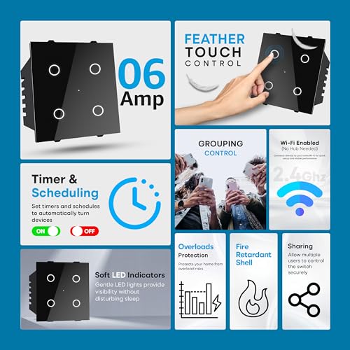 Image of SmartLife Modular 4 Gang Touch Smart Switch (Black) | WiFi + BLE | Premium Glass Finish | Compatible with Alexa, Google Assistant, HA, IFTTT & SmartLife App | Fits Roma & Similar Plates
