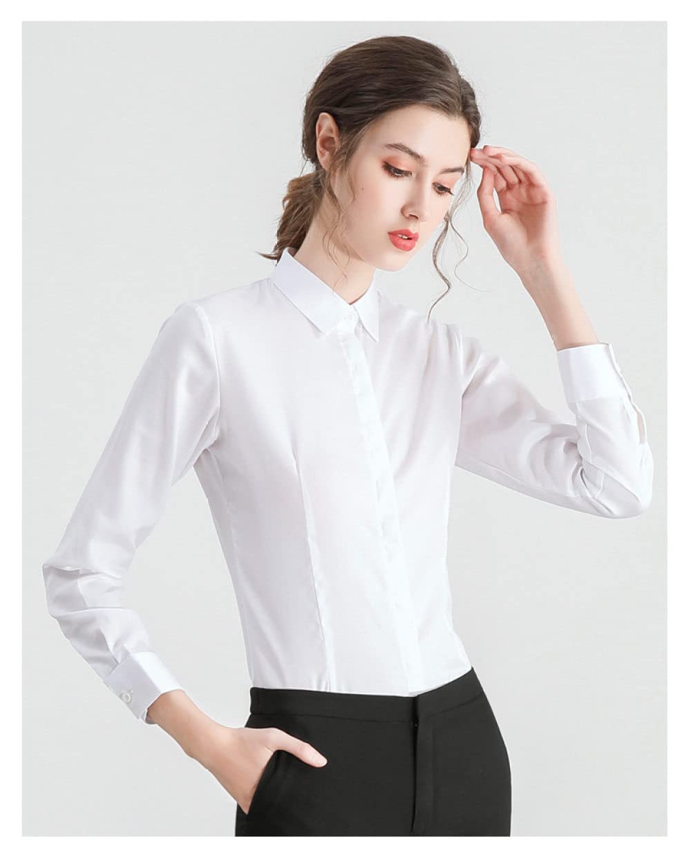 Chemise Femme,Vêtements De Travail Formels Pour Femmes Coton Blanc Uni Basic Chemises À Manches Longues Simples Chemisiers À Revers Boutonnés Bureau Classique Slim Fit Tunique Chemises D'Affaire