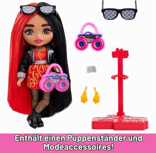 Barbie Extra Minis, braunen Haaren, Jeans-Kleid, rosa Pelzmantel, Kuh-Tasche, weiße Cowgirl-Stiefel, inkl. 1 Puppe, Geschenk für Kinder… – Ansicht 4