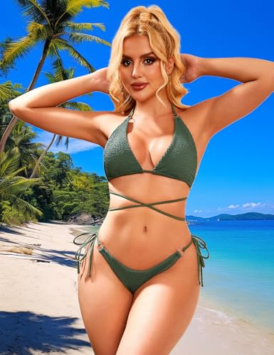 HISAGUHE Women Breathable Various Wear Way Bikini Set Two Piece Swimsuit Fashion Metal Ring Bathing Suit Swimwear(Green,L)
