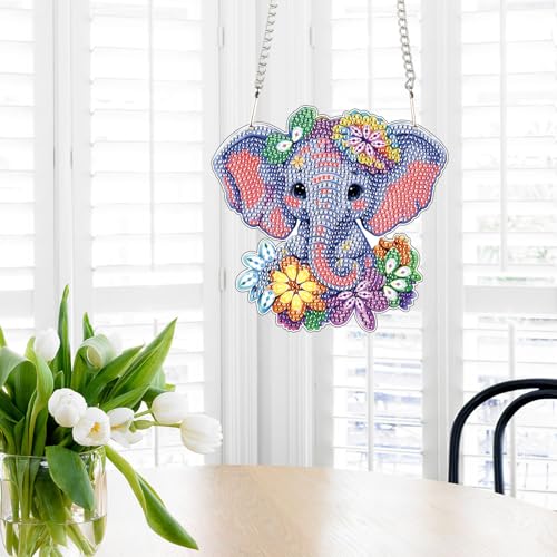 Image of Elephant Diamond Painting Hanging Kit, DIY 5D Crystal Acrylic Pendant Ornament, Diamond Art Window and Wall Hanging for Adults, Elephant DIY Diamond Painting Art, Handmade Home Decor Gift