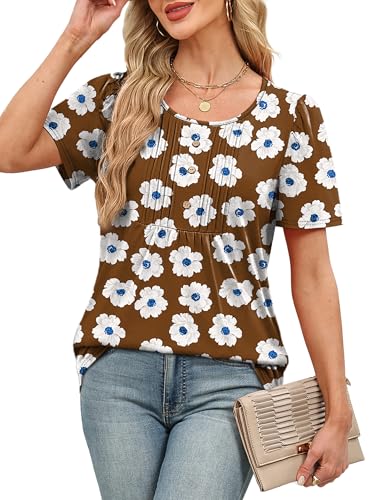 Image of Womens Tops Dressy Casual Blouses Short Sleeve Shirts Plus Size Fashion Clothing Spring Summer Outfits Button Pleated Front