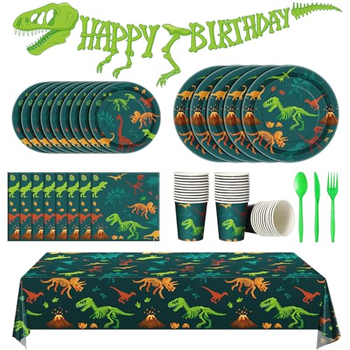 Uiifan 171 Pcs Dinosaur Birthday Decorations Party Supplies with Dinosaur Birthday Plates Paper Cups Table Cloths Napkins Tableware Pack Dino Banner for Dino Theme Party Plates Supplies Decorations