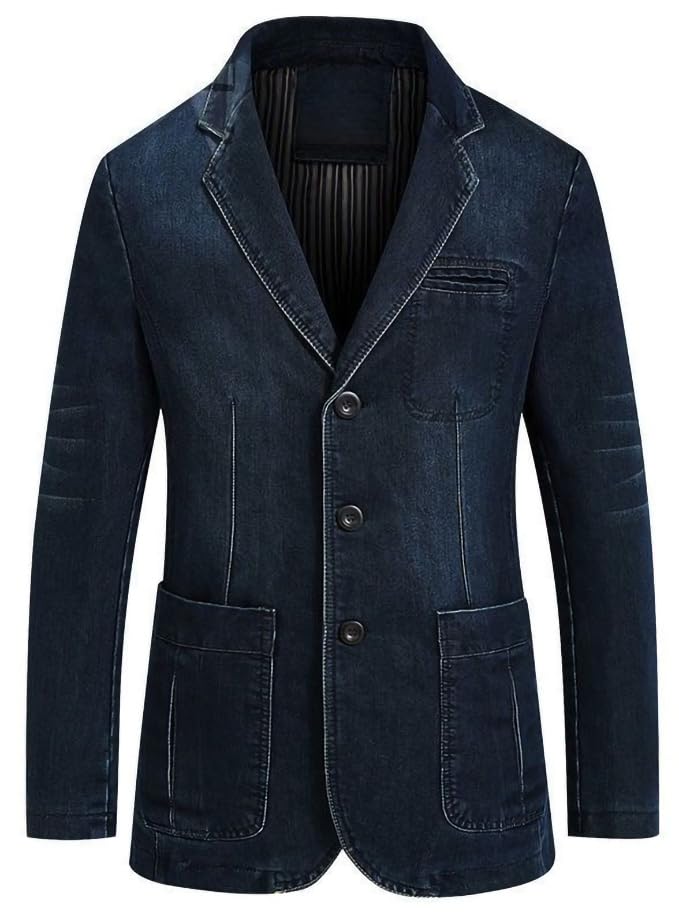 Men's Classic Notched Collar Denim Blazer Slim Fit Two Button Business Jean Jacket Fashion Casual Suit Jackets