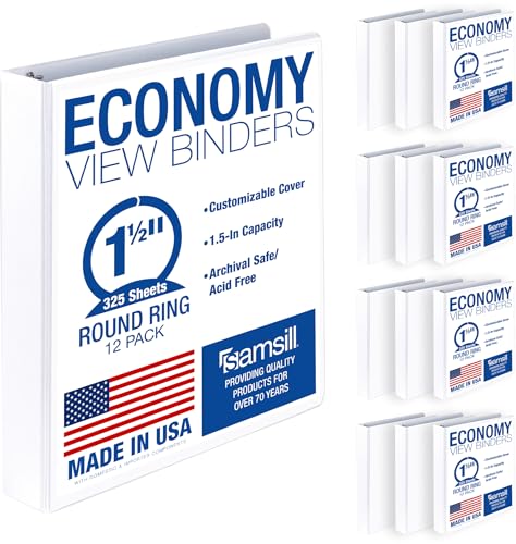 Samsill 1.5 Inch 3 Ring Binders Economy Round Ring Clear View Cover 325 Sheet Capacity - for School Home Office - White 12 Pack