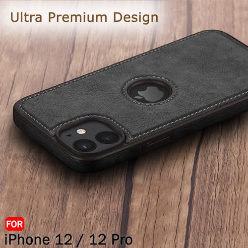 Image of TheGiftKart Genuine Leather Finish Back Cover Case for iPhone 12 /12 Pro | Shockproof Design | Raised Edges for Camera & Screen Protection | Stunning Minimalist Design Case Cover (Black Sides, Black)