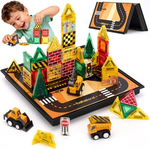 hahaland Magnetische Bausteine ab 3 Jahre mit 3 Baustellenfahrzeugen & Aufbewahrungsbox 42PCS Mini Magnetic Tiles Reisespielzeug mit Bauplatte Montessori Spielzeug Geschenk für Kinder 3 4 5 Jahre