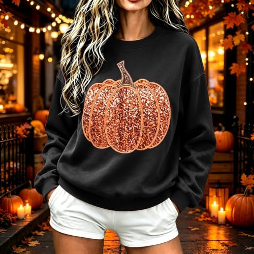Pumpkin Sweatshirt Women Sequin Oversized Crewneck Halloween Sweatshirts - image 2