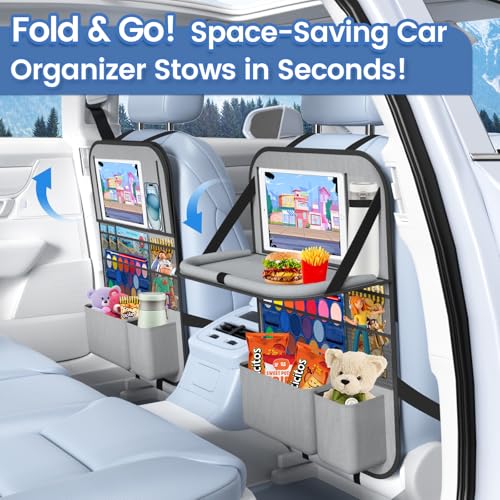 Image of 2PACK-Car Backseat Organizer with Touch Screen Tablet Holder,9 Storage Pockets Storage Organizer with Foldable Food Tray, Protector Kick Mats for Kids, Travel Accessories Organizer (Grey)