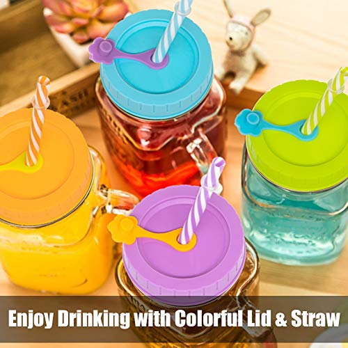 Regular Mouth Mason Jar Lids For Ball, Kerr, Etc With Straw Hole/Straws/Silicone Stoppers/Rings/Clean Brush, Bpa Free Colored Plastic Canning Jar Drinking Lids & Food Storage Caps 26 Pack #TOP4