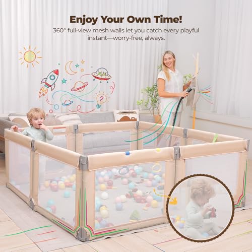 Image of Kidirect Foldable Baby Playpen, 71 inchx69 inch Extra Large Playpen for Babies and Toddlers, Portable Play Yard with 5 Handles, Indoor Outdoor Safety Baby Fence with Visible Mesh,Khaki
