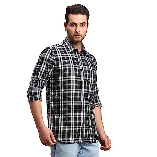 Image of Parx Men's Pure Cotton Checks Pattern Slim Fit Semi Cutaway Collar Full Sleeve Casual Shirt