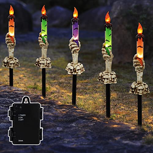 LJLNION Decoraciones de Halloween, paquete de 5 luces de estaca de jardín de Halloween, luz de vela de mesa con mano de fantasma esqueleto, impermeable y...