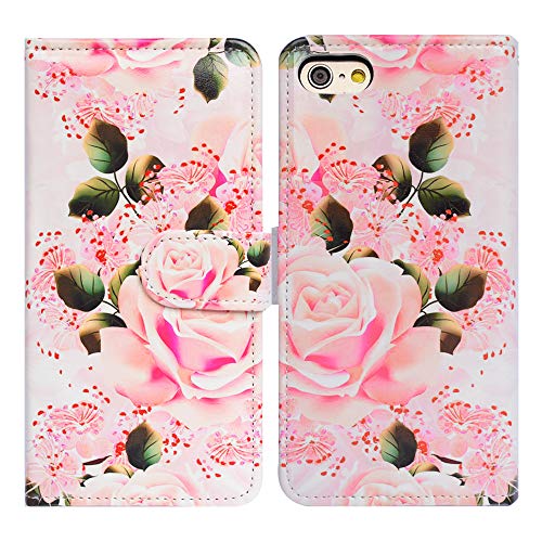 Bcov iPhone SE 2020/2022 Case, Pink Rose Flowers Leather Flip Wallet Cover with Card Slot Holder Kickstand for 4.7-inch iPhone SE/7/8