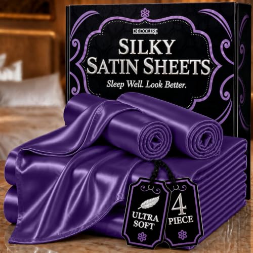 Image of DECOLURE Satin Bed Sheets - 4 Piece Luxury Silky Full Size Bedding Set - Softer Than Silk, Wrinkle-Free with 15 inch Deep Pocket Fitted Sheet, Perfect for Hair & Skin, Gifts for Women (Purple)