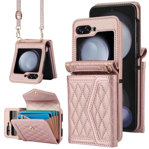 Étui portefeuille cuir Samsung Z Flip5 or rose avec dragonne et fentes cartes