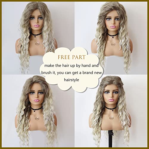 Image of GNIMEGIL Long Ash Blonde Curly Wig for Women - Voluminous Mixed Blonde Water Wave Synthetic Hairpiece - 26 Inch Deep Wavy Glueless Wig for Daily Wear, Party Cosplay