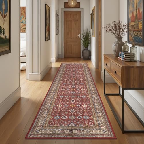 Rugland 2'6x8' Runner - Stain Resistant Entryway Rug, Anti Slip Backing Hallway Runner Rug, Vintage Tribal Area Rugs(TPR10-Burgundy, 2'6x8')