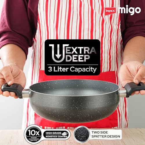 Image of Impex Nonstick Deep Kadai Pan with Glass Lid | Non Stick Aluminium Kadhai | 3 Litre Capacity | Induction and Gas Stove Compatible | Heatproof Handles | PFOA Free | 1 Year Warranty