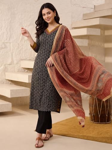 Image of INDO ERA Women's Pure Cotton Abstract Printed Mirror Work Kurta & Pant with Dupatta Set (IEAI13205)|Cotton Suits For Women With Dupatta