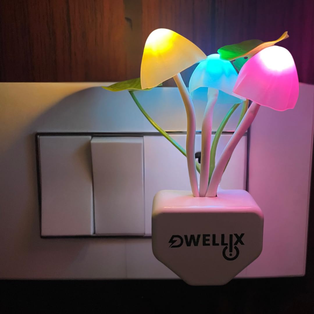 Dwellix Premium Mushroom & Leaf LED Night Lamp with Auto Dimming Smart Sensor for Auto ON/Off Soft Glow for Bedroom & Kids Room Energy-Efficient Decorative Light