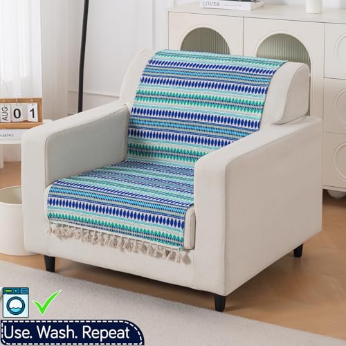 Image of HOKIPO 'Artisan Boho Series' 450 GSM Sofa Cover with Tassels | Multicolor Cotton Acrylic Jacquard Slipcover for 1 Seater Sofa, Size 152x60 cm, Royal Blue (IN-907-A2)