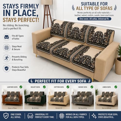 Image of Homerz Premium 'Maharaja Paradise Series' Sofa Cover | Net Fabric Sofa Cover | Washable, Anti-Dust Backed & Wrinkle Resistant Cover (Beige Empress, 7 (3+2+2) Seater, Seat Cover with Backrest)