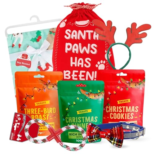Dog Christmas Treats Presents Hamper Set with Blanket, Rope Toy, Antler Headband, Bow Tie, Sack & Festive Dog Treats