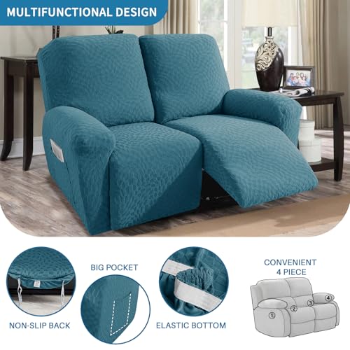 Image of ZNSAYOTX Loveseat Recliner Cover 4-Piece (48 inch-66 inch) Super Soft Recliner Loveseat Covers with Big Pocket & Anti Slip Ties Stay in Place, Lazy Boy Reclining Love Seat Slipcover Durable Washable, Teal
