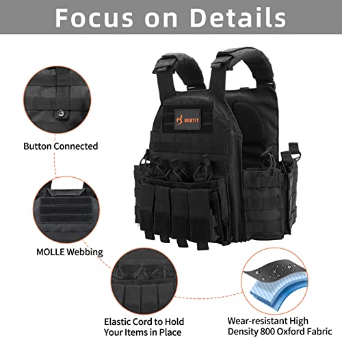 Huntit Tactical Vest Adjustable Airsoft Vest Breathable Modular Vest Weighted Vest For Adults Training Vest For Men Black #TOP1