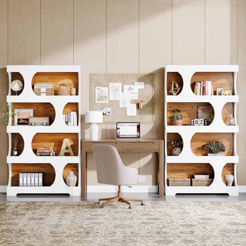 Image of Tribesigns 71 inch Tall Bookcase Set of 2, 4-Tier S-Shaped Bookshelf, Wood Decorative Storage Shelving, Modern Freestanding Display Shelves, Large Library Bookshelf Unit for Home Office, White & Brown
