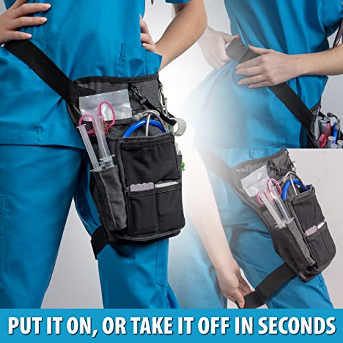 Image of Nurse Fanny Pack w /Elastic Leg Band - Multi Compartment Waist Organizer Tool Bag for Students, Practitioners & Medical Professionals (Black Noche)