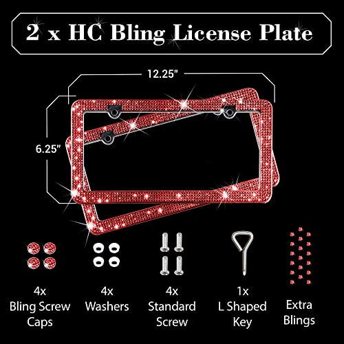 H C Hippo Creation RS-LPF-R Diamond Rhinestone Bling License Plate Frames For Women, Men - 2 Pack Handcrafted Bedazzled License Plate Cover With Glittery Crystal Screw Caps Stainless Steel - Sparkle Car License Plate Frame Red thumb #6