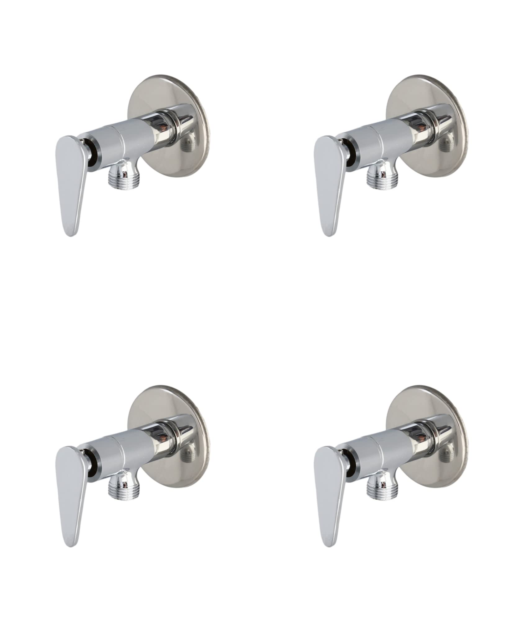 SUPERNAL Set of 4 Cylindrical brass angle valves with triangular handle for kitchen, bathroom, sink, geysers with 4 wall flange (Made in INDIA)