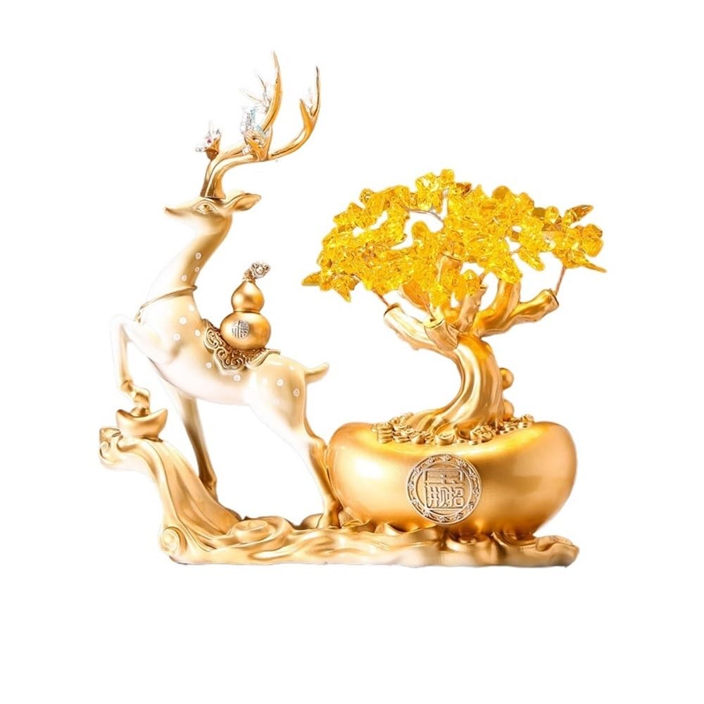 zhuyanbo007 Desk Statue, The auspicious deer desk decoration is a feng shui mascot symbolizing wealth(Beige)