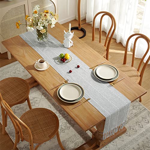 rismart Tassels Table Runner Rustic Handmade Weave Stripe Runners Grey,32 x 200 cm - Image 3